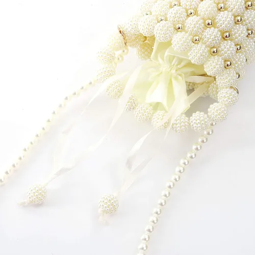 Vista 6 de YIFEI Bolsos hechos a mano con cuentas pequeñas perlas para mujer, con cadena desmontable, para fiesta de boda, Blanco