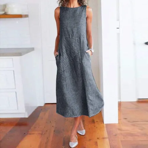 Vista 2 de Vestido de cóctel casual para mujer, de verano, casual, holgado, de algodón y cuello redondo, vestido maxi halter