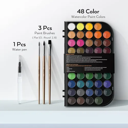 Vista 2 de Nicpro Juego de pintura de acuarela, kit de 48 colores de agua con 3 pinceles de pintura, paleta, bolígrafo de acuarela, suministros de pintura