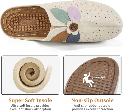 Vista 4 de Ecetana Zuecos para mujer, zapatos sin cordones de cuero, zapatos deportivos casuales de verano, sandalias de cuña cómodas, zuecos de viaje