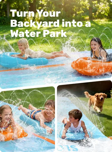 Vista 6 de Sloosh Tobogán acuático de 32.5 pies con 2 tablas inflables, aspersor de agua de doble carril para niños, adultos, patio trasero, juguete de verano