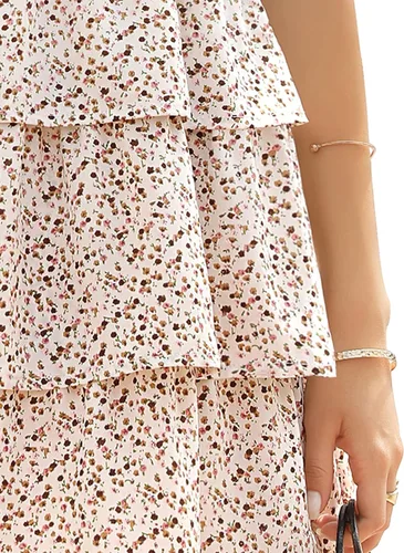 Vista 6 de Ellakoko Vestido de verano casual tipo babydoll para mujer, lindo vestido floral con lazo en el hombro escalonado con lunares suizos fruncidos