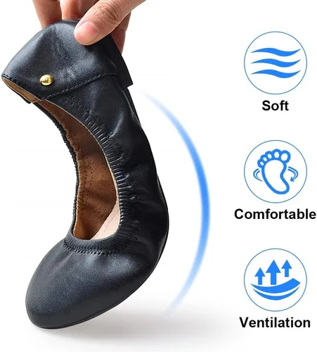 Vista 5 de KUNWFNIX Women Ballet Flats PU Leather Foldable Ladies Comfort Round Toe Slip on Flats Low Wedge Casual Dress Flat Shoes