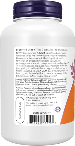 Vista 3 de Suplementos NOW, glucosamina y MSM más sulfato de condroitina, 180 cápsulas vegetales
