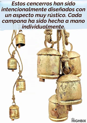 Vista 4 de HIGHBIX Harmony - 4 campanas de vaca en racimo en cuerda, grandes, rústicas, vintage, campanas de vaca de la suerte en cuerda para colgar