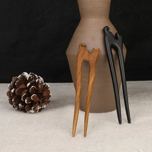 Vista 7 de 2 unidades de palos de pelo de madera en forma de U hechos a mano tallada de madera francesa con bonito diseño de gato, 2 puntas, horquillas