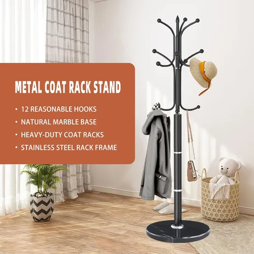 Vista 7 de Perchero de Metal con Soporte, Perchero Moderno Independiente con Base de Mármol Natural, Perchero y Árbol de Pasillo para Colgar en Entrada