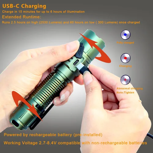 Vista 5 de MX77 Linterna táctica LED de 2530 lúmenes, aplicación de la ley, 390 yardas de distancia de haz USB-C linterna de bolsillo recargable con batería