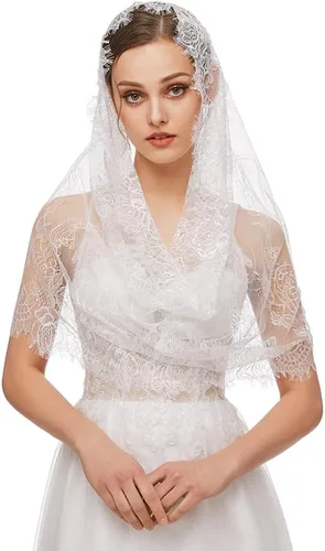 Vista 2 de Mantilla Veil Latin Mass Head Cover Spanish Style Lace Tradicional Vintage Inspirado Infinity Forma (blanco), Blanco