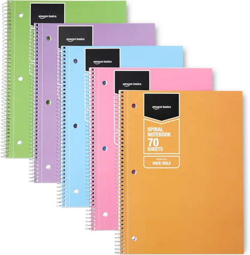 Vista 8 de Amazon Basics Cuadernos espirales con rayas universitarias, 70 hojas, 10.5 x 8 pulgadas, páginas perforadas, colores sólidos pastel surtidos