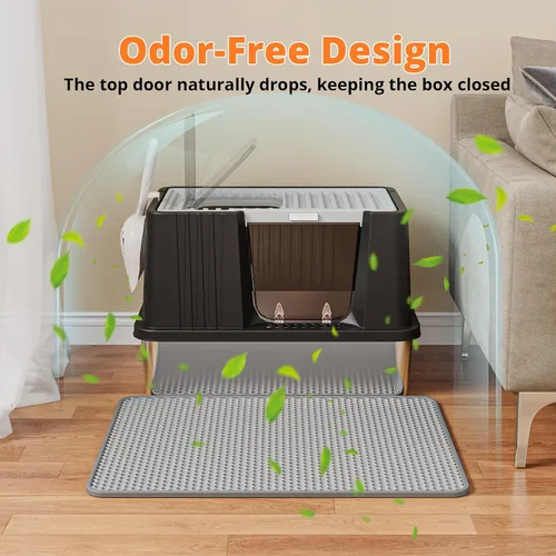 Vista 6 de Oneluck XXL - Caja de arena para gatos de acero inoxidable con tapa Negro