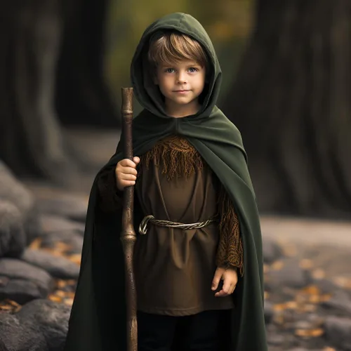 Vista 2 de HOMELEX Disfraz renacentista para niños Capa medieval con capucha para Halloween, guardabosques, mago, elfo, bata con capucha