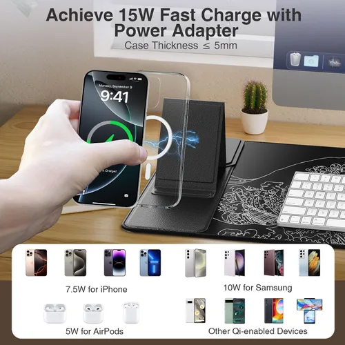 Vista 7 de Wireless Charging Mouse Pad with Foldable Phone Holder, 31.5"x15.8" Large Desk Mat for Laptop/Keyboard, Waterproof Ultra-Smooth Surface, Non-Slip