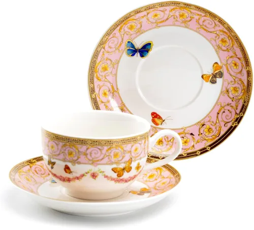 Vista 2 de Grace Teaware - Taza de té y platillo de porcelana fina con adorno rosa con adornos dorados
