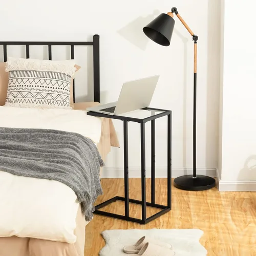 Vista 6 de HOOBRO - Mesa auxiliar en forma de C, mesa auxiliar de cristal con marco de metal Mesa de centro para espacios pequeños, estilo moderno, para sala