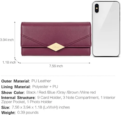 Vista 4 de Cartera de cuero suave para mujer, con tres pliegues y organizador de tarjetas