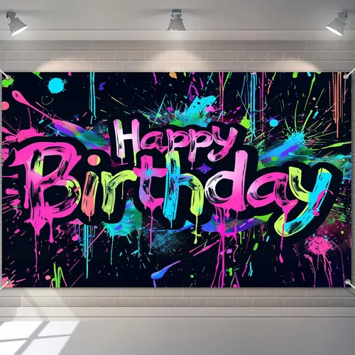 Vista 20 de HOMETITUTE Pancarta de Neón de Feliz 10mo Cumpleaños 71 x 43 pulgadas, Salpicadura de Pintura que Brilla en la Oscuridad, Telón de Fondo