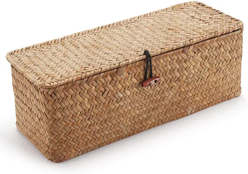 Vista 3 de DECRAFTS Cesta de almacenamiento de pastos marinos con tapa, rectangular, pequeña, tejida con secciones para organizar aperitivos, juguetes, tampón