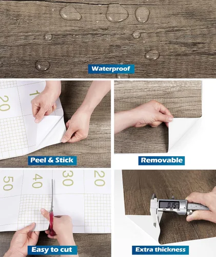 Vista 5 de FunStick Papel pintado de madera marrón arranca y pega, impermeable, extraíble, papel de contacto de grano de madera natural autoadhesivo, papel