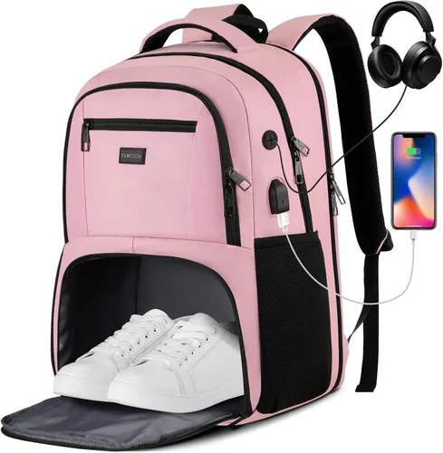 Vista 9 de YAMTION Mochila de gimnasio para hombres y mujeres con compartimento para zapatos, bolsa de libros de 17,3 pulgadas para niños con puerto USB