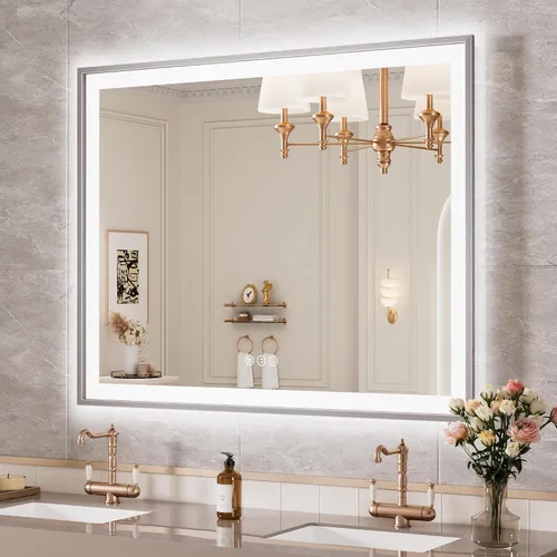 Vista 43 de Espejo de baño LED de 24x28 pulgadas con marco negro, espejos de baño retroiluminados y con luz frontal para pared, antiempañamiento, regulable