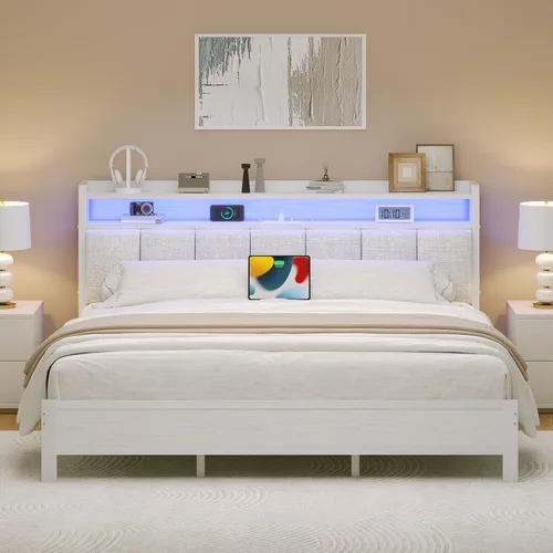 Vista 16 de IMMERSTABLE - Base de cama individual con cabecero de almacenamiento, marco de cama de plataforma metálico individual con luces LED y estación