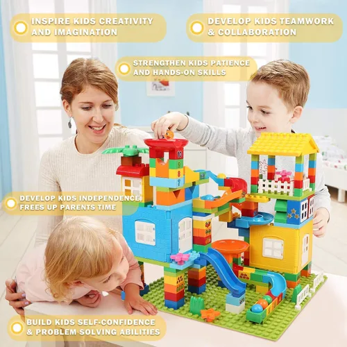 Vista 5 de Bloques de construcción de Marble Run con 6 bolas, 179 piezas de juguetes de construcción de castillo grande, juego de juguetes de construcción