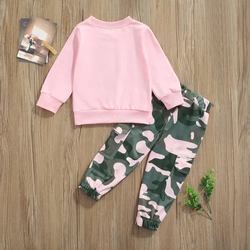 Vista 7 de Conjunto de ropa de manga larga con estampado de letras bendecidas y pantalones de camuflaje para niñas pequeñas