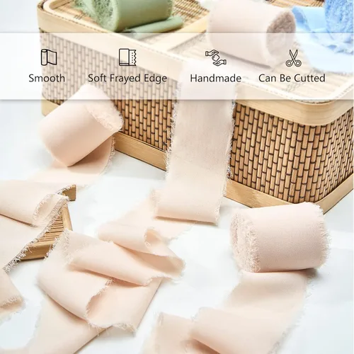 Vista 3 de Pretty Jolly Cinta de gasa beige para envolver regalos, 3 rollos de 2 pulgadas x 7 yardas, cinta de tela de seda hecha a mano con flecos para ramo