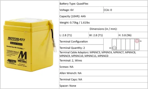 Vista 4 de Reemplazo para batería de motocicleta Motobatt MBT6N4 6V 4Ah sustituye a