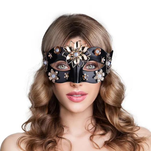 Vista 4 de ZinniDay Masquerade Masks Handmade Black Venetian Mask with Purple Rhinestone Half Face Mardi Gras Mask for Women and Men Halloween Party Cosplay