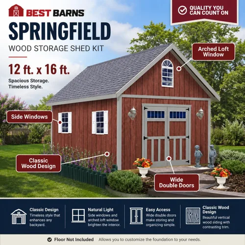 Vista 3 de Best Barns Springfield - Kit de cobertizo de almacenamiento de madera sin suelo de 12 pies x 16 pies
