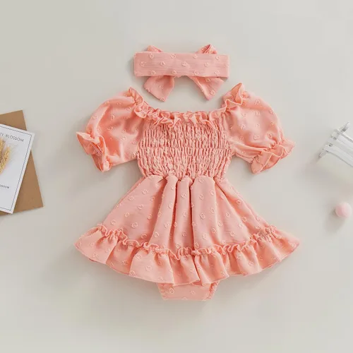 Vista 98 de Mameluco para bebés y niñas de 3, 6, 9, 12, 18 meses, enterizo de manga corta, fruncido, faldas y dobladillo, diadema