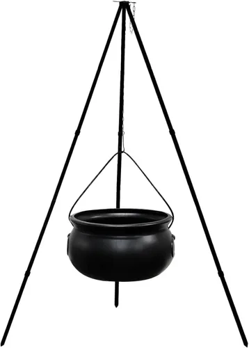 Vista 3 de Decoraciones de Halloween para exteriores, caldero de bruja con luz, soporte de trípode, decoración de cuenco de plástico negro, decoración de cubo