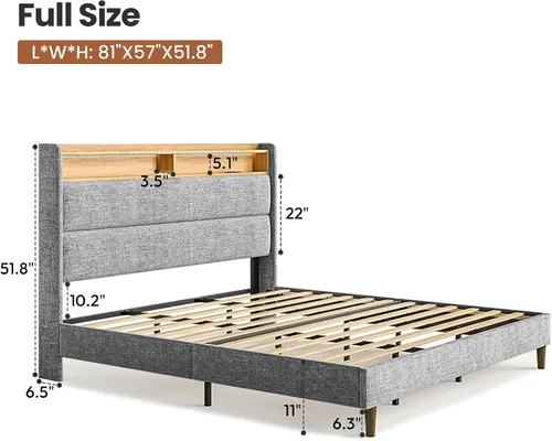 Vista 2 de Base de cama matrimonial con cabecera de almacenamiento con respaldo alado de 51.8 pulgadas, plataforma tapizada gris con estación de carga (tipo C)