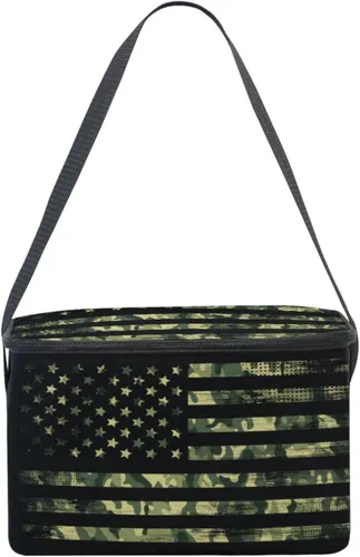 Vista 3 de Naanle Bolsa de almuerzo de lona aislada con cremallera para niños, adultos, hombres y mujeres, camuflaje con bandera estadounidense de correa