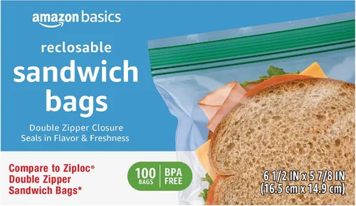 Vista 3 de Amazon Basics Bolsas de almacenamiento de sándwich con doble cierre para almacenamiento de alimentos, sin BPA, 100