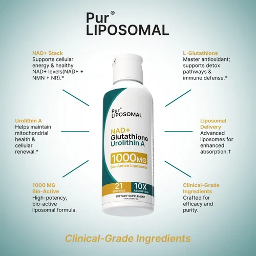 Vista 4 de NAD+ Glutatión Urolitina A 1000 mg Líquido - Absorción máxima NAD+ Pila con NMN y NR para energía celular - L-Glutatión para desintoxicación