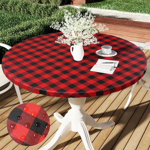 Vista 40 de Smiry - Mantel redondo de picnic de vinilo elástico impermeable con respaldo de franela, mantel de vinilo ajustable para mesas de 31-35 pulgadas