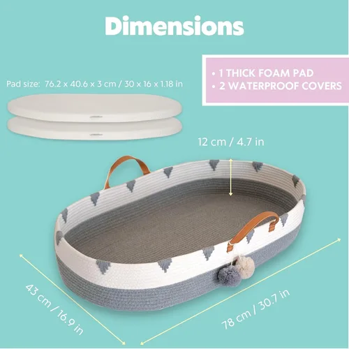 Vista 7 de Vesta Baby Cesta cambiadora de moisés de cuerda de algodón tejida, portátil, para cuarto de bebé, con almohadilla de espuma suave y 2 fundas