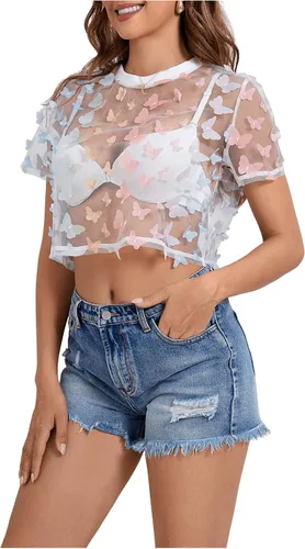Vista 2 de SweatyRocks Blusa corta de malla transparente para mujer, diseño floral y de manga corta
