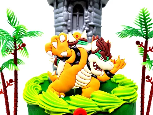 Vista 2 de Mario Cake Topper con Mario, Bowser y accesorios decorativos (diseño único)
