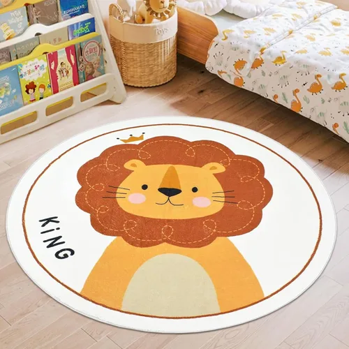 Vista 10 de ABREEZE Alfombra de juego de lana sintética para niños, 4 pies, alfombra redonda de animales, alfombra de felpa suave antideslizante para León