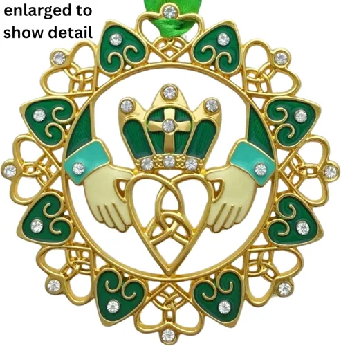 Vista 9 de Adornos de Navidad irlandeses – Diseño Claddagh dorado con joyas y esmalte – Caja de regalo con poema irlandés – Bolsa de almacenamiento de regalo