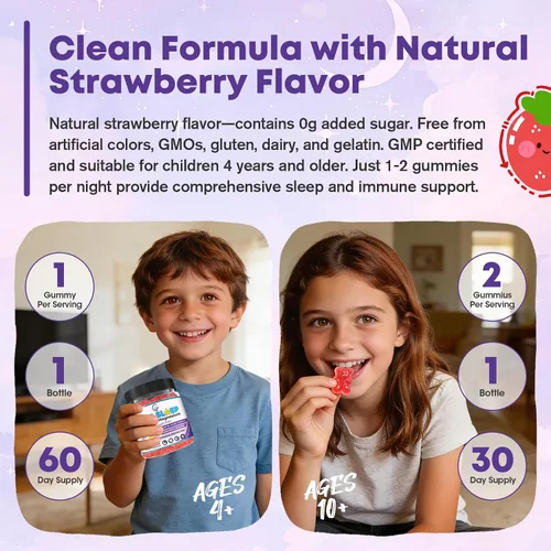 Vista 5 de Gomitas para dormir para niños, sin melatonina, gomitas para ayudar a dormir con magnesio y calcio, zinc, glicina, L-teanina, GABA, vitamina D3 K2