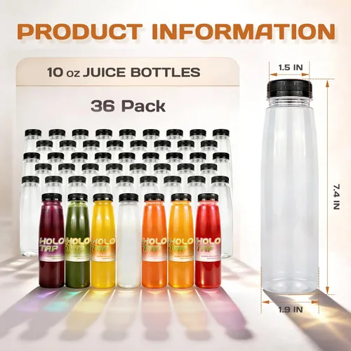 Vista 2 de Holotap 36 botellas de plástico para jugo de 10 onzas con tapas, botellas de plástico desechables transparentes a granel con tapas negras a prueba