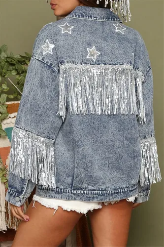 Vista 2 de Chaqueta vaquera de manga larga para mujer, con flecos, de gran