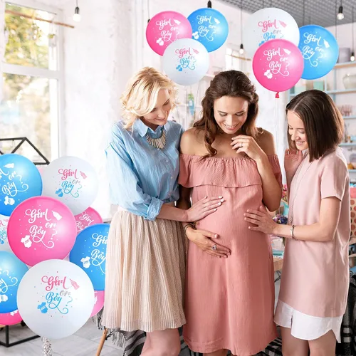 Vista 5 de 60 globos de revelación de género para niñas o niños, globos de látex para fiesta de revelación en blanco, rosa y azul, suministros para decoración