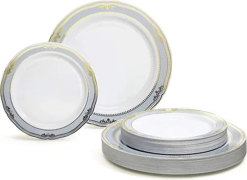 Vista 9 de OCASIONES" Paquete de 50 platos (25 invitados) - Juego de platos de plástico desechables pesados para fiestas de boda - 25 x 10.5'' cena + 25 x