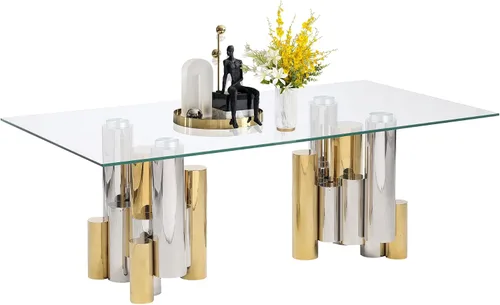 Vista 23 de Mesa de centro de vidrio templado de 31.5 pulgadas, moderna mesa de té dorada de 2 niveles con estante inferior, mesas centrales de lujo con marco